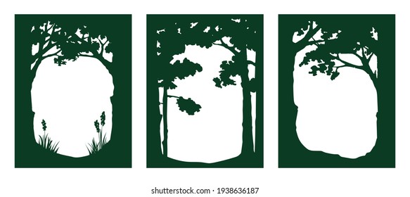 Bosque - ilustración vectorial gráfica. Diseñar elementos con árboles. Marco, borde.	