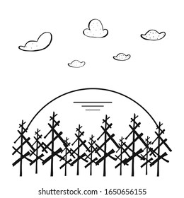 forest graphics black white landscape sketch illustration vector. handrawn. isolated on a white background. It can be used to design Wallpapers, mugs, posters and postcards, books, and banners on the