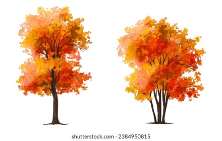 bosque con elevación de césped para la escena paisajística, planta acuarela para el dibujo arquitectónico, medio ambiente y jardín, elementos botánicos, árbol floreciente en otoño 