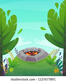forest grass field bbq grill background . stone brazier barbeque with fire coal ,  trees and bushes hill meadow , summer or spring bright happy funny vector illustration