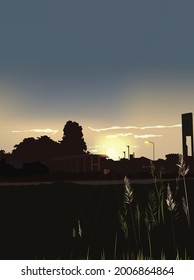 El bosque. Campo de hierba en tiempo de puesta de sol