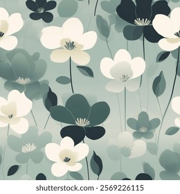 Forest Green Aqua Brown French Grey White Abstract Wild Flower Elegant Leaf Watercolor Scandinavian Design Seamless Pattern Wallpaper Curtain Bedding Upholstery Pastel Fabric Background Vector