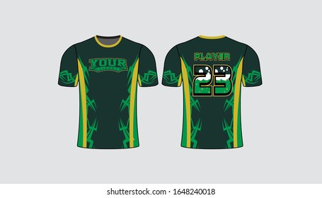 Forest green background with neon bright green pattern and dirty yellow stripe shirt