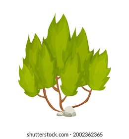 Forest green bush, curved trunk and foliage, stone pile in cartoon style isolated on white background. Natural element, landscape object