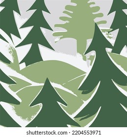 Forest of green christmas trees holiday postcard, paper art