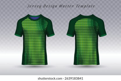 Forest green jersey with pixel-style vertical gradient (lime to dark green), perfect for esports teams, soccer kits, or tournament branding. Tech-inspired vector template with contrast collar.