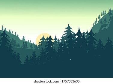 Wald Grün und Lanscape Vektor, Pinus Tree. Waldhintergrund, Natur, Landschaft, Sonne.