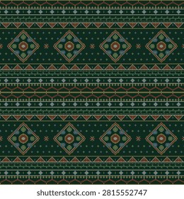 Forest Green Layered Border Medallion Cross Stitch Pattern Diamond Rosette Madder Indigo Gold Folk Woven Heritage Seamless Vector