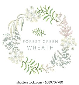 Forest green leaves wreath. Wedding greenery circle frame. Foliage, fern. Vector illustration. Floral arrangement. Design template greeting card. Invitation background.