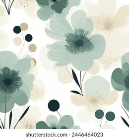 Forest Green Moss Beige Sap Mint French Grey Abstract Wild Flower Elegant Leaf Watercolor Scandinavian Design Seamless Pattern Wallpaper Curtain Bedding Upholstery White Background Vector 