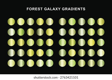 Forest green and pale yellow circular gradient color palette swatches. Fifty metallic spheres on a black background.