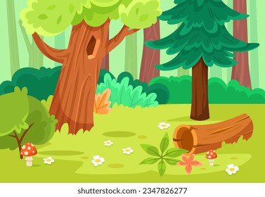 Forest Green Scene with Tree, Grass and Log Vector Illustration