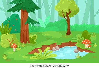 Forest Green Scene with Tree, Grass and Pond Vector Illustration