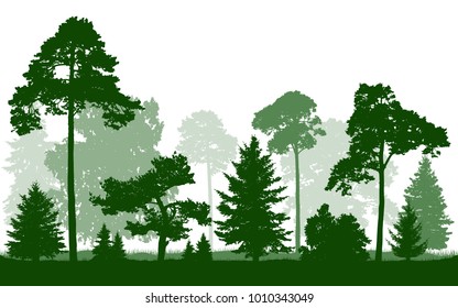 Forest green silhouette vector, isolated on white background. Trees, firs, christmas tree, spruce, pine, birch, oak, bushes.