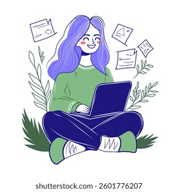 Forest Green and Sky Blue Female Digital Nomad with Laptop for Empowerment Art, Vector Design, Isolated