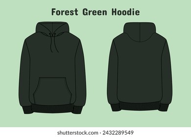 Forest Green sweatshirt in front, back and side views. Vector sweatshirt or sportswear clothing with hood illustration.