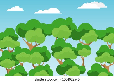 Forest, forest with green trees against the sky. Vector illustration of trees.