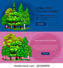 Forest green trees on the grass bush in summer landscape background. Cartoon vector set  in outdoor park. with branch, foliagles and leafs. Isolated ecology natural wood