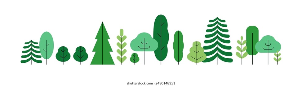 Forest, green trees in row, border decoration. Wood plants, simple stylized woodland panorama. Abstract woods flora decor in modern style. Flat vector illustration isolated on white background