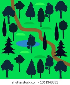 Forest green vector background with different trees, lake, path