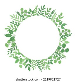 Forest greenery round border frame. Foliage circle greeting card with place for text. Template for invitation card with forest leaves. Vector illustration