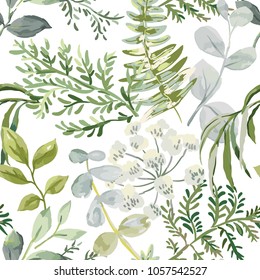 Forest greenery. Vector seamless pattern. Green leaves, fern on the white background. Floral print. Nature illustration.