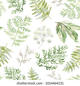 Forest Greenery. Watercolor Vector Seamless Pattern. Green Leaves, Fern On The White Background. Floral Print. Nature Illustration.