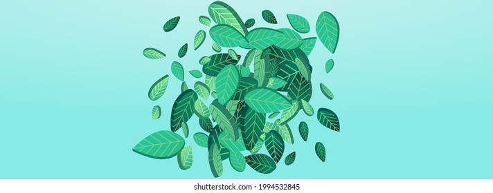 Forest Greens Blur Vector Panoramic Blue Background Brochure. Wind Leaf Plant. Swamp Leaves Fly Poster. Foliage Falling Concept.
