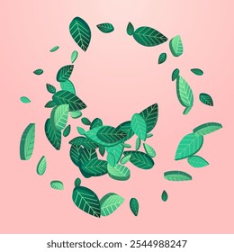 Forest Greens Fly Vector Pink Background Pattern. Transparent Foliage Branch. Grassy Leaves Realistic Backdrop. Leaf Blur Wallpaper.