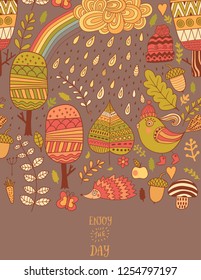 Forest greeting card with trees, leaf, bird, hedgehog. Cute vector poster with place for your text. Autumn illustration with rain and rainbow.