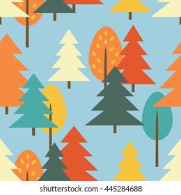 Forest hand drawn seamless pattern. Doodle colorful background. Sketch objects. Vector illustration with trees and fir-trees icon