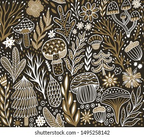 Forest hand drawn vector seamless pattern. Branches, leaves, mushrooms, spruce, tree, fur-tree, acorn seamless texture. Folk wild nature background. Woodland childish print in Scandinavian style.