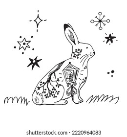 Forest hare animal vector doodle illustration poster.