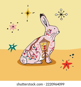 Forest hare animal vector doodle illustration poster.