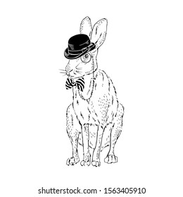 Forest hare wear bowler hat, tie bow, monocle. Bunny dressed up in vintage style. Realistic hand drawn vector illustration isolated on white.