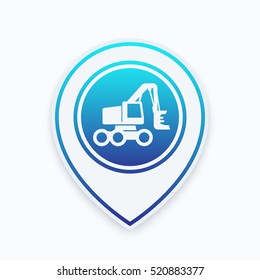 Forest harvester icon on map pointer, wheeled feller buncher