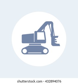 Forest harvester icon, track feller buncher, timber harvesting machine isolated on white, vector illustration