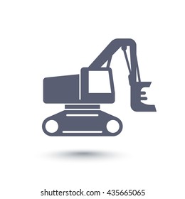 Forest harvester icon, track feller buncher, timber harvesting machine on white, vector illustration