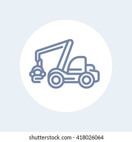 Forest harvester line icon, timber harvesting machine vector sign isolated on white, vector illustration