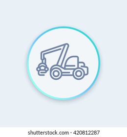 Forest harvester linear icon, timber harvesting machine sign, round pictogram, vector illustration