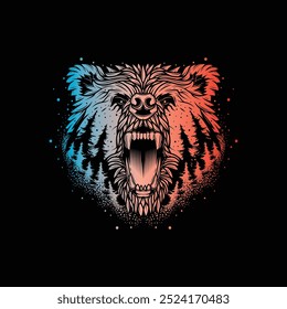 Forest and head of angry bear. Original vector illustration in vintage style isolated on black background. T-shirt design. Hand drawn, not AI