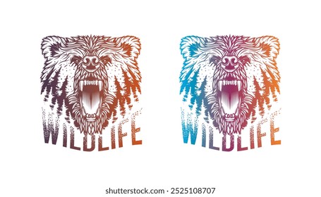 Forest and head of angry bear. Original vector illustration in vintage style isolated on white background. T-shirt design. Hand drawn, not AI