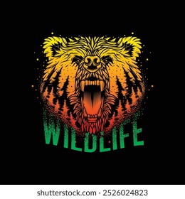 Forest and head of angry bear. Original vector illustration in vintage style isolated on black background. T-shirt design. Hand drawn, not AI