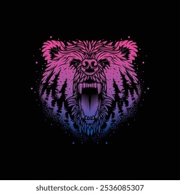 Floresta e cabeça de urso bravo. Ilustração vetorial original em estilo vintage isolado no fundo preto. Design de camiseta. Desenhado à mão, não com IA