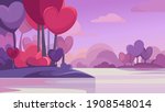 Forest with heart shape trees by the lake. Beautiful abstract landscape.
