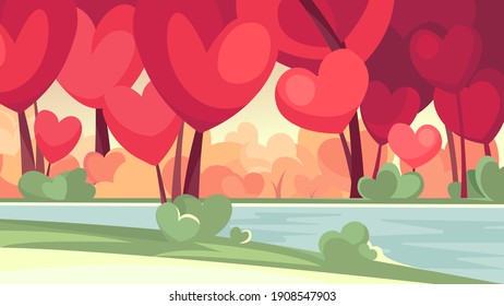 Forest with heart shape trees by the river. Beautiful abstract landscape.