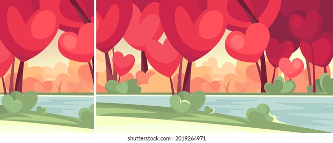 Forest with heart shape trees by the river. Abstract landscape in vertical and horizontal orientation.