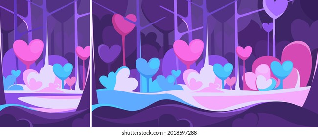 Forest with heart shape trees in the night. Abstract landscape in vertical and horizontal orientation.