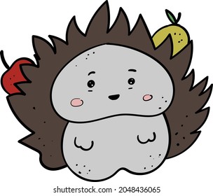 Forest Hedgehog with Fruit on Needles, Illustration in cartoon style