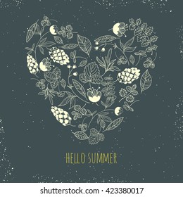 Forest. herbal elements in heart shape. vector doodle ornamental pattern with flowers, forest herbs and cones